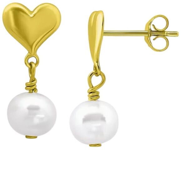 Giani Bernini Sterling Silver 18k Gold plated Heart cultured Pearl Drop Earrings - Picture 1 of 4